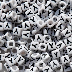 Letter-Y, 7x7mm Cube Alphabet Beads Brite White with Glossy Black Letter Y, 100pc