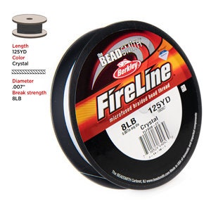 May include: A spool of Berkley FireLine microfused braided bead thread. The label indicates 125 yards of crystal-colored thread with a diameter of .007" and an 8LB break strength.