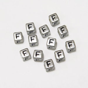 Letter-F, 6x6mm Silver Metallic Acrylic Cube Alphabet Beads Glossy Black Letter F, 100pc