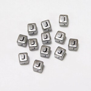 Letter-J, 6x6mm Silver Metallic Acrylic Cube Alphabet Beads Glossy Black Letter J, 100pc