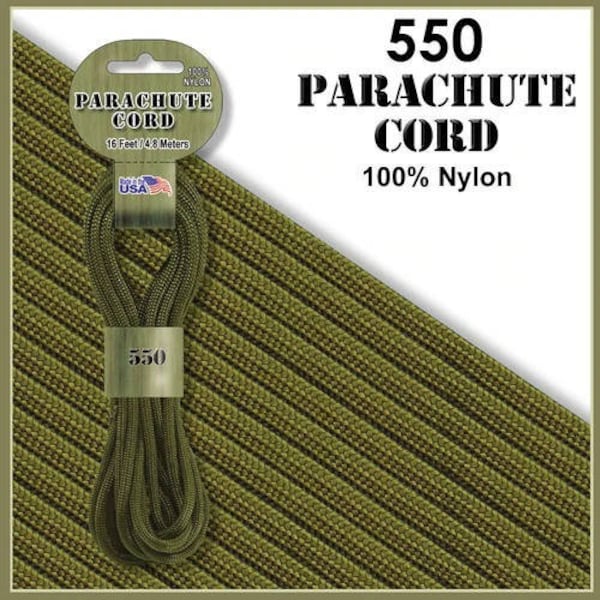 Olive Drab 550 Paracord Parachute Cord 100% Nylon 16ft.  Made in America