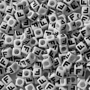 Letter-F, 7x7mm Cube Alphabet Beads Brite White with Glossy Black Letter F, 100pc