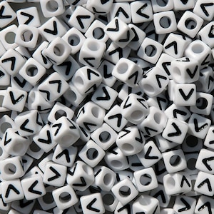 Letter-V, 7x7mm Cube Alphabet Beads Brite White with Glossy Black Letter V, 100pc