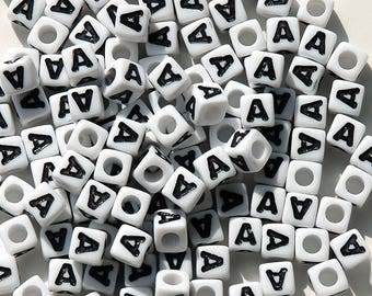 Letter-A, 7x7mm Cube Alphabet Beads Brite White with Glossy Black Letter A, 100pc