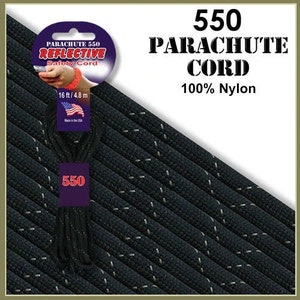 May include: Black 550 reflective parachute cord made of 100% nylon. The packaging features the text 550 PARACHUTE CORD, 100% Nylon, and 16 ft / 4.8 m. The cord has small reflective silver flecks woven throughout the black material for visibility.