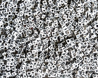 Alphabet Beads 7x7mm Cube Brite White with Glossy Black Letters  200pc