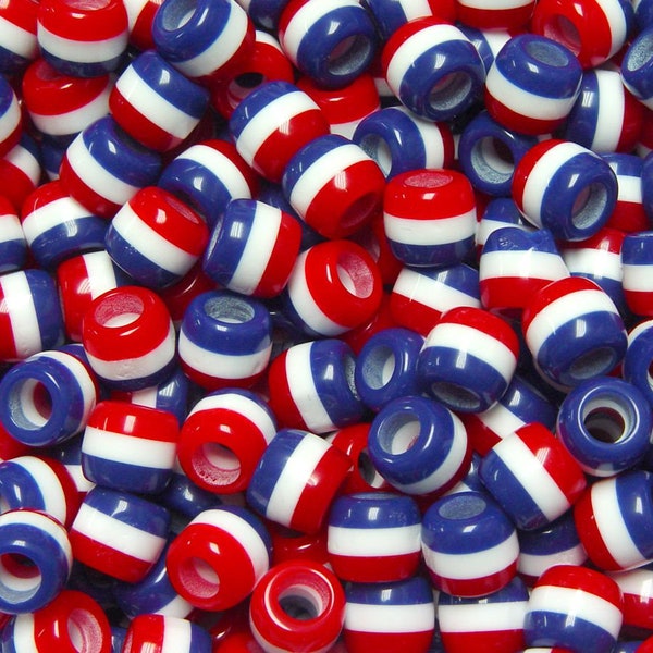 Patriotic red, White and Blue Stripes 50pc - 11x10mm Pony Hair Fun JOLLY STORE Crafts large hole Beads