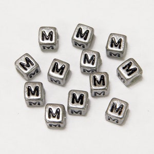 Letter-M, 6x6mm Silver Metallic Acrylic Cube Alphabet Beads Glossy Black Letter M, 100pc