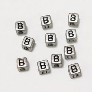 Letter-B, 6x6mm Silver Metallic Acrylic Cube Alphabet Beads Glossy Black Letter B, 100pc