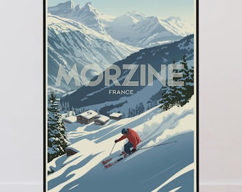 Morzine Vintage Travel Poster, Skiing, French Alps