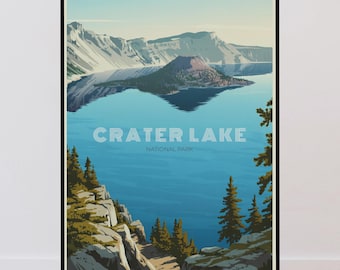 May include: A framed vertical art print featuring a stylized illustration of Crater Lake National Park. The image displays a deep blue lake, a central island, and surrounding rocky cliffs with evergreen trees. The text CRATER LAKE NATIONAL PARK is centered.