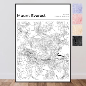 Mount Everest Topographic Map Print, Contour Lines Poster, Minimalist Mountain Wall Art