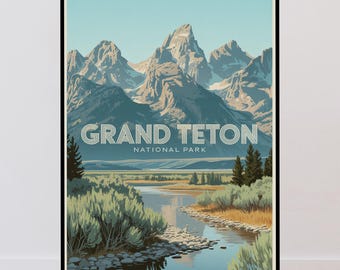 Grand Teton National Park Travel Poster, Wyoming Vintage Poster, Minimalist Print