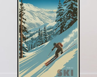 Affiche « Heure de skier », Décoration murale extérieure, Citation d'aventure, Affiche minimaliste