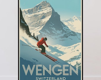 Wengen Vintage Travel Poster, Skiing, Switzerland