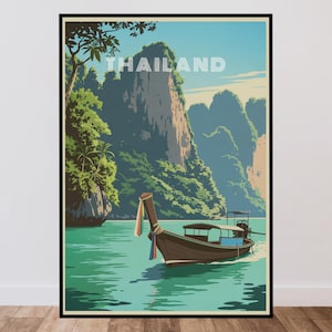 May include: A travel poster featuring a long-tail boat floating on turquoise water in front of towering limestone cliffs. The word THAILAND is printed in white capital letters at the top. The scene includes lush green vegetation and a clear blue sky.