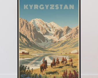 Affiche de voyage du Kirghizistan, affiche rétro d'Asie centrale, design minimaliste vintage