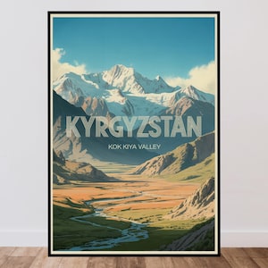 Kyrgyzstan Kok Kiya Valley Travel Poster, Central Asia Wall Art, Vintage Minimalist Design