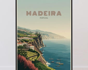 Madeira Island Travel Poster, Portugal Wall Art, Vintage Minimalist Design