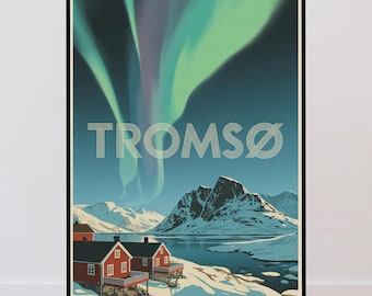 Tromso Travel Poster, Northern Lights Retro Poster, Vintage Minimalist Design