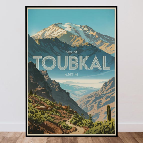 Mount Toubkal Travel Poster, Atlas Mountains Retro Poster, Vintage Minimalist Design