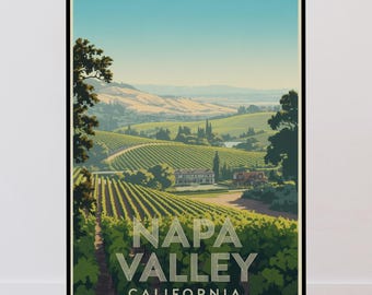 Póster vintage de viñedos del Valle de Napa, arte mural de la región vinícola de California