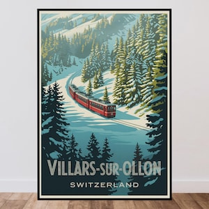 Op de afbeelding: Een verticale reisposter met een rode trein die door een besneeuwd berglandschap met naaldbomen rijdt. De tekst onderaan luidt VILLARS-SUR-OLLON SWITZERLAND in witte hoofdletters tegen een donkerblauwe achtergrond.