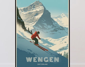 May include: A vertical travel poster featuring a skier in a red jacket and dark pants skiing down a steep, snow-covered mountain slope. The background displays a large, jagged, snow-capped peak under a light blue sky. The text WENGEN SWITZERLAND is at the bottom.
