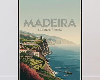 Madeira Island Travel Poster, Portugal Wall Art, Vintage Minimalist Design