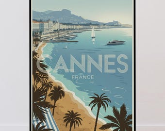 Cannes Travel Poster, French Riviera, South of France, Vintage Minimalist Design