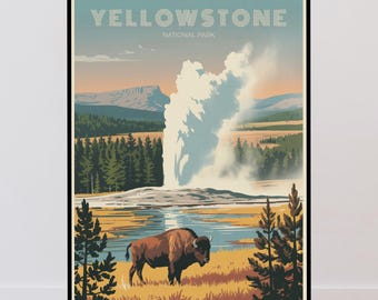 Pode incluir: Um cartaz emoldurado com uma ilustração estilizada do Parque Nacional de Yellowstone. A obra exibe um bisão castanho em primeiro plano, um géiser a expelir vapor branco, uma floresta e montanhas sob um céu ao pôr do sol com o texto YELLOWSTONE.