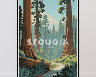 Op de afbeelding: Een ingelijste verticale kunstdruk met een gestileerde illustratie van Sequoia National Park. De afbeelding toont torenhoge bruine sequoiabomen, een kronkelend pad en weelderige groene varens onder een lichtblauwe lucht. De tekst luidt SEQUOIA NATIONAL PARK.