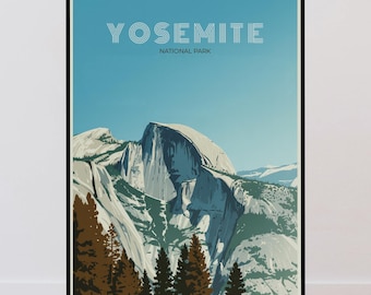 Plakat podróżniczy Yosemite Half Dome, plakat vintage z Kalifornii, minimalistyczny wydruk