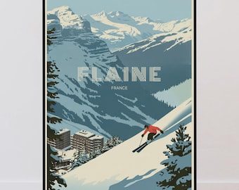 Flaine Vintage Travel Poster, Skiing, French Alps