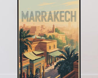 Plakat podróżniczy do Marrakeszu, Maroko, minimalistyczny design w stylu vintage