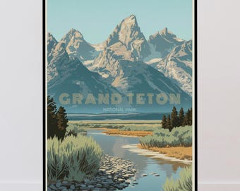 Plakat podróżniczy do Parku Narodowego Grand Teton, plakat vintage z Wyoming, minimalistyczny wydruk