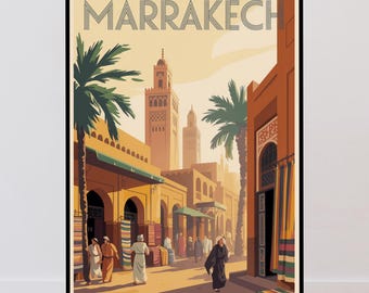 Plakat podróżniczy do Marrakeszu, Maroko, minimalistyczny design w stylu vintage
