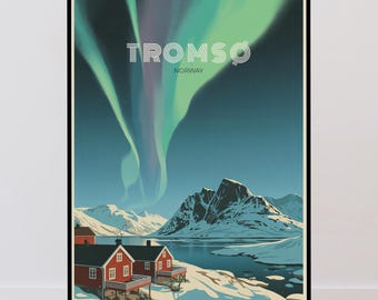 May include: A framed travel poster featuring the text TROMSØ NORWAY. The illustration depicts red houses on a snowy shoreline with a dark blue sky illuminated by vibrant green and purple northern lights above jagged, snow-covered mountains.