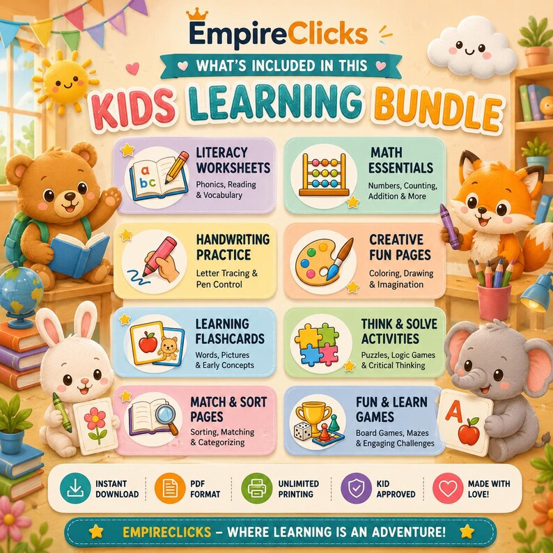 May include: EmpireClicks Kids Learning Bundle digital educational resource featuring cartoon animals including a bear, fox, rabbit, and elephant. Includes literacy worksheets, math essentials, handwriting practice, creative pages, flashcards, and games.