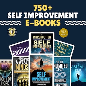 Puede incluir: Imagen promocional que muestra una colección de libros electrónicos de autoayuda. La imagen presenta varias portadas de libros con títulos como "Self Improvement" y "Your Unlimited Self". El texto "750+ Self Improvement E-Books" se muestra de forma destacada.