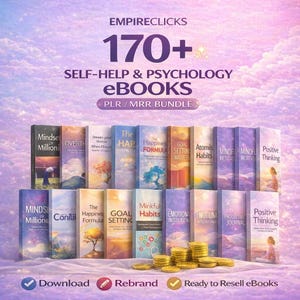 May include: An advertisement for a bundle of over 170 self-help and psychology eBooks. The image shows a collection of book covers with titles such as "Mindset of Millionaires" and "Positive Thinking." The text includes "Download," "Rebrand," and "Ready to Resell eBooks."
