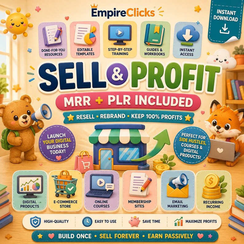 May include: A digital marketing graphic titled SELL & PROFIT MRR + PLR INCLUDED featuring a cartoon bear and fox. Icons represent digital products, e-commerce, online courses, membership sites, email marketing, and recurring income with text.