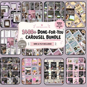 May include: A digital marketing bundle featuring 1400+ Done-For-You Carousel templates for Canva. The graphic displays various social media post layouts, text overlays, and promotional badges including Bonus Gifts Included and MRR & PLR Included.