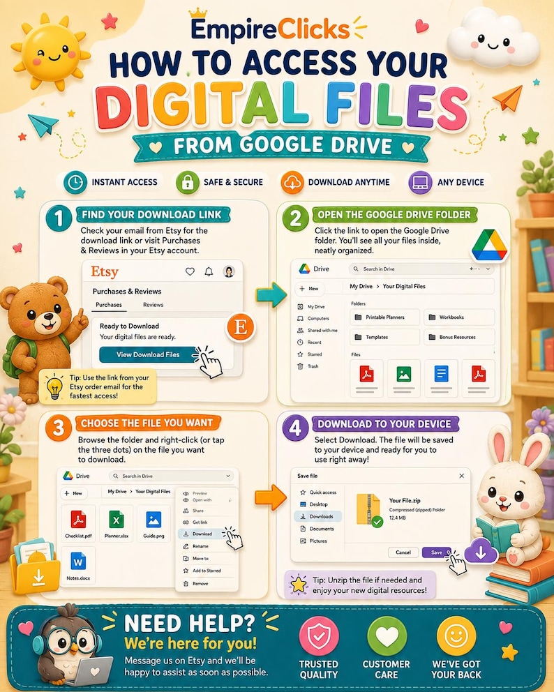 May include: An instructional infographic titled How to Access Your Digital Files from Google Drive. It features four numbered steps with screenshots showing how to download files from Etsy and Google Drive, decorated with cartoon animals.