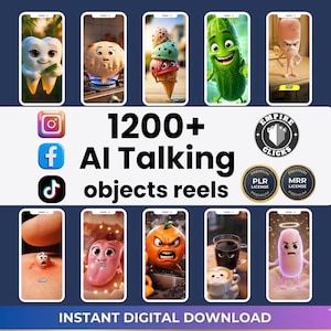 Plus de 1 200 vidéos d'objets parlants IA | Lot de bobines virales PLR MRR | Pack de contenu sans visage pour TikTok, bobines Instagram et courts métrages YouTube
