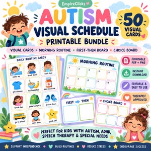 Puede incluir: Un paquete imprimible de horario visual para autismo que incluye 50 tarjetas visuales, una tabla de rutina matinal, un tablero de primero-luego y un tablero de elección. El diseño colorido incluye ilustraciones de niños y tareas diarias.