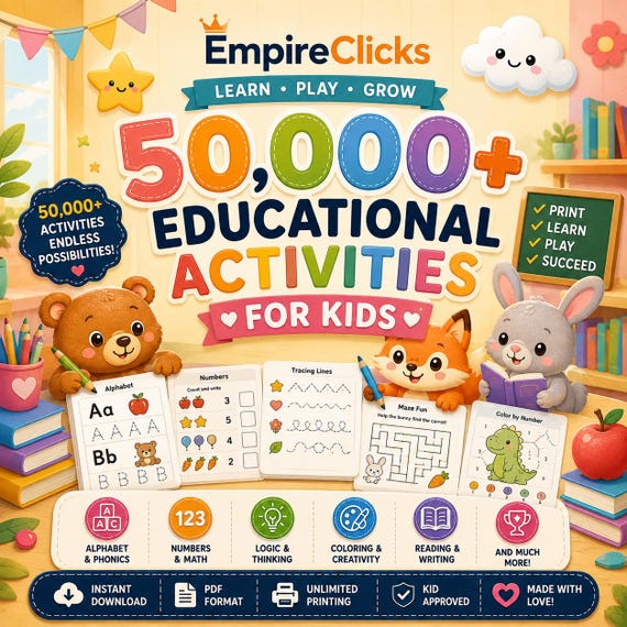 50,000+ Kids Activity Bundle | Printable Coloring Pages, Worksheets & Games | Preschool Learning | Instant Download | PLR