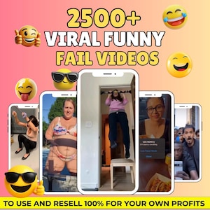 Op de afbeelding: Een advertentie met de tekst "2500+ VIRAL FUNNY FAIL VIDEOS" en emoji-afbeeldingen. Verschillende smartphoneschermen tonen grappige videoclips. De onderkant van de afbeelding luidt "TO USE AND RESELL 100% FOR YOUR OWN PROFITS."