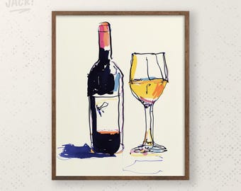 Wine Bottle & Glass Print – Modern Kitchen Still Life, Colorful Art