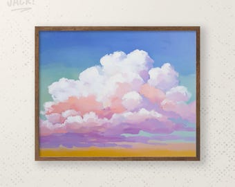 Lámina artística de cielo con nubes en tonos pastel – Decoración de pared de ensueño para la habitación del bebé